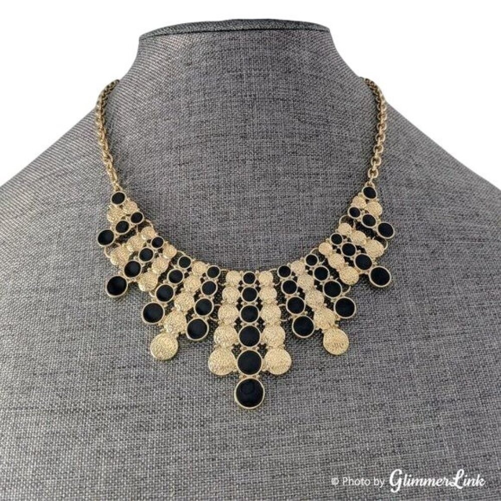 Gold Tone Black Enamel Circles Bib Statement Necklace
